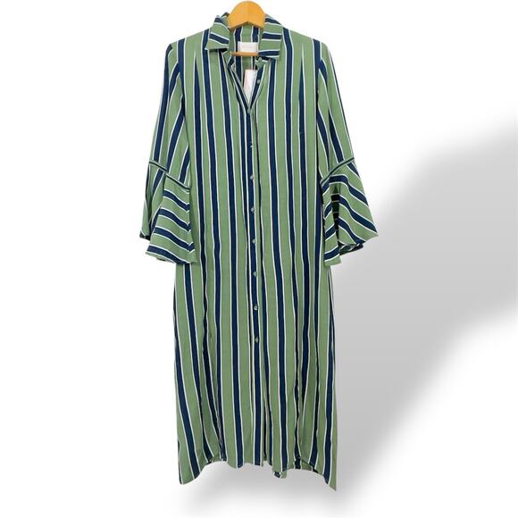 Sancia Carolin Shirt Dress NWT Green Navy Mira Stripe $210 Bell Sleeve Rayon S - Picture 1 of 11